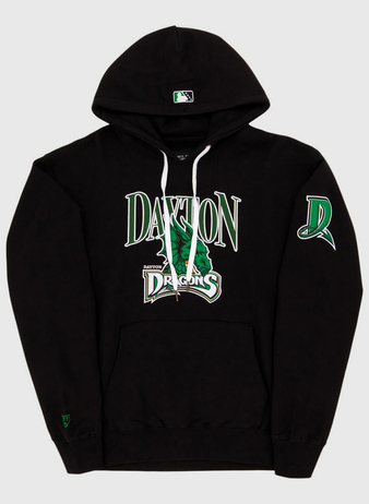 The Ebbets Field Dayton Dragons MiLB Cotton Hooded Sweatshirt features green and white Dayton Dragons text, a green dragon graphic on the front, a D logo on the left sleeve, and white drawstrings on the hood.
