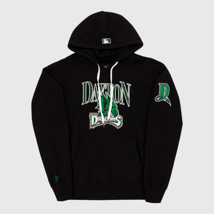 The Ebbets Field Dayton Dragons MiLB Cotton Hooded Sweatshirt features green and white Dayton Dragons text, a green dragon graphic on the front, a D logo on the left sleeve, and white drawstrings on the hood.