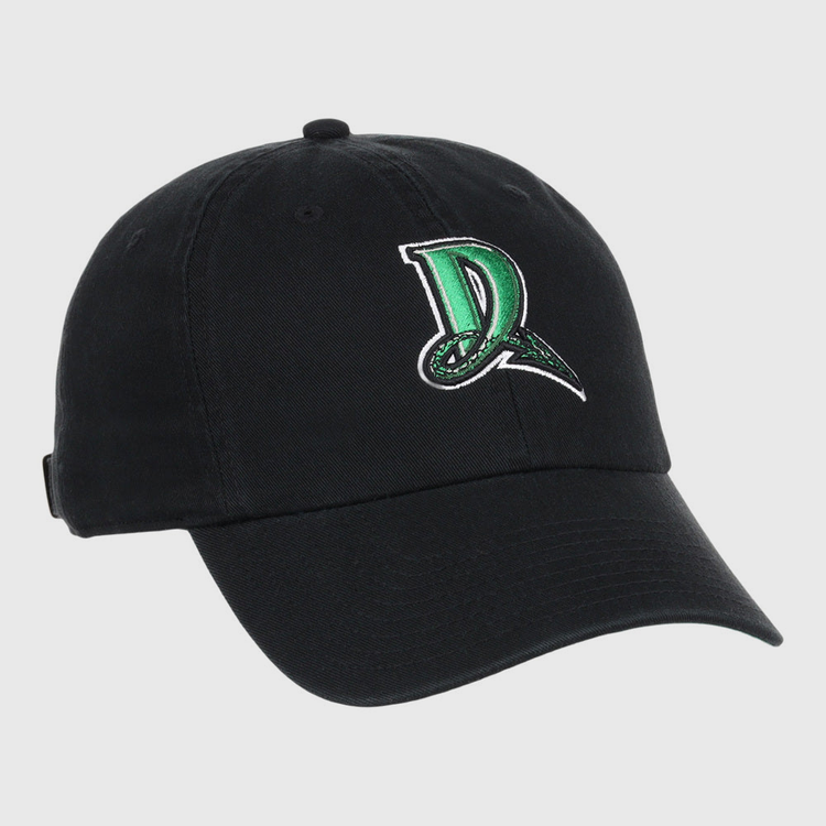 The Ebbets Field Dayton Dragons MiLB Dad Ballcap is a black cap with a green and white letter D logo and dragon design embroidered on the front.