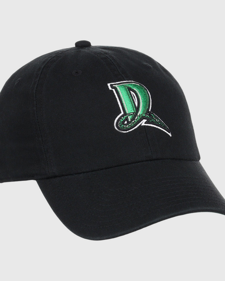 The Ebbets Field Dayton Dragons MiLB Dad Ballcap is a black cap with a green and white letter D logo and dragon design embroidered on the front.