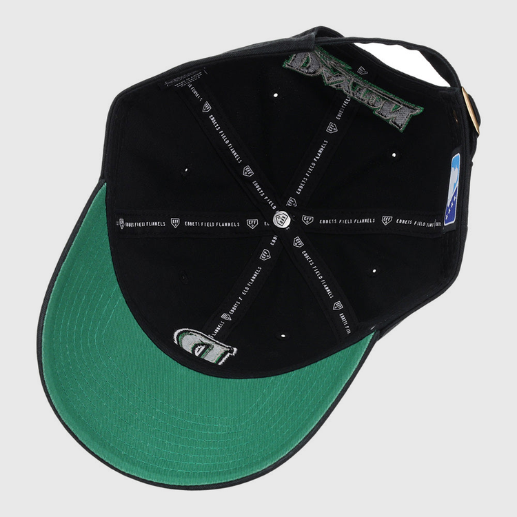 The image shows the inside view of an Ebbets Field Dayton Dragons MiLB Dad Ballcap. It features black panels, white stitching, branded taping, a green underbill, and an adjustable strap at the back.