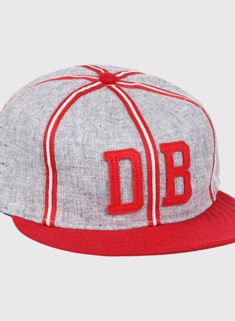 The Ebbets Field Flannels Daytona Beach Islanders 1936 Vintage Ballcap is a gray cap with red stripes, a red brim, and large red DB letters—an authentic reproduction of classic baseball style.