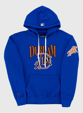 The Durham Bulls MiLB Cotton Hooded Sweatshirt by Ebbets Field features DURHAM BULLS and a bull logo on the front, an orange CITY patch on the sleeve, kangaroo pocket, drawstrings, and an MLB logo on the hood.