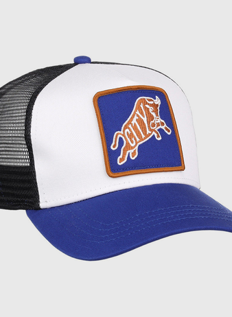 The Ebbets Field Durham Bulls MiLB Trucker Ballcap has a white front panel, blue bill, black mesh back, and a blue patch with brown trim featuring a stylized bull and 