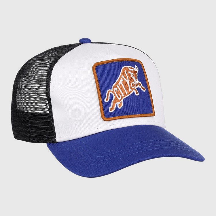 The Ebbets Field Durham Bulls MiLB Trucker Ballcap has a white front panel, blue bill, black mesh back, and a blue patch with brown trim featuring a stylized bull and 