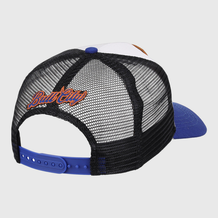 The Ebbets Field Durham Bulls MiLB Trucker Ballcap features a mesh-back, black and white crown, blue bill, and blue snap closure. “Bud City” is embroidered in orange and blue above the back opening.