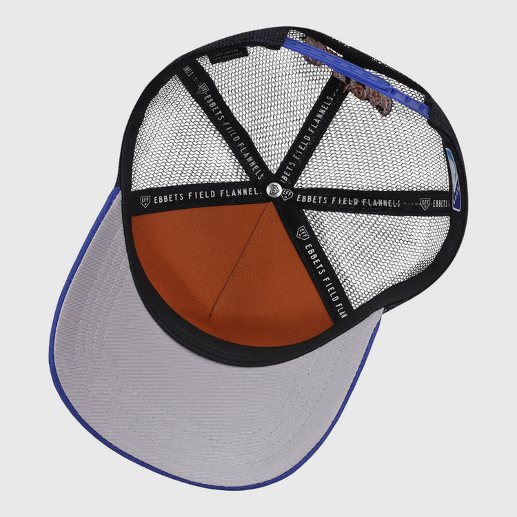 The Ebbets Field Durham Bulls MiLB Trucker Ballcap features a grey brim, brown front interior panel, and black mesh back, with 