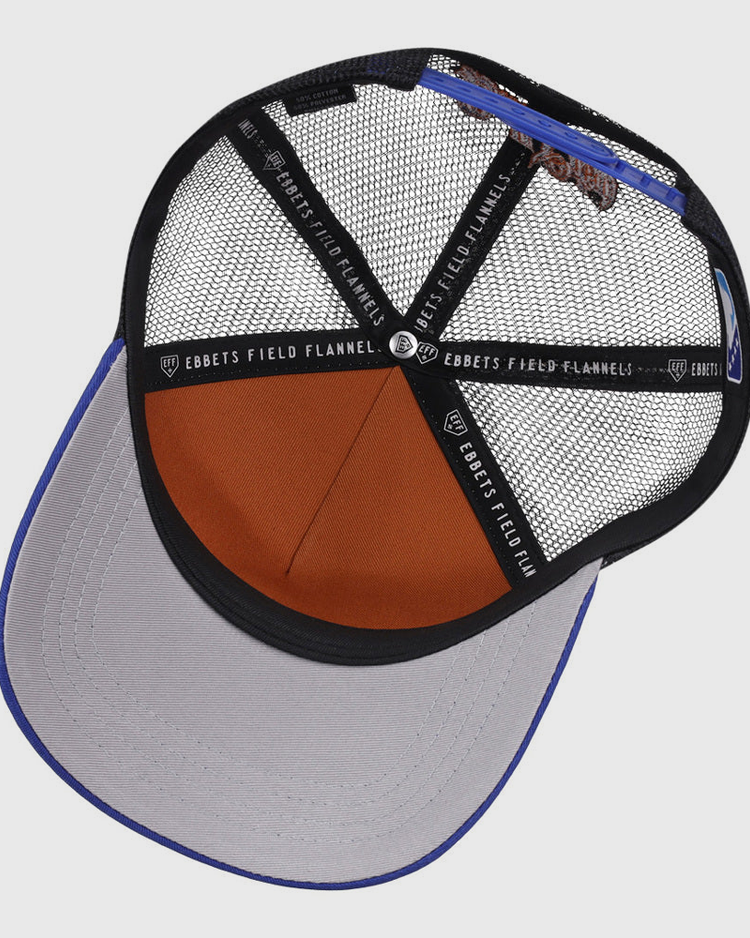 The Ebbets Field Durham Bulls MiLB Trucker Ballcap features a grey brim, brown front interior panel, and black mesh back, with 