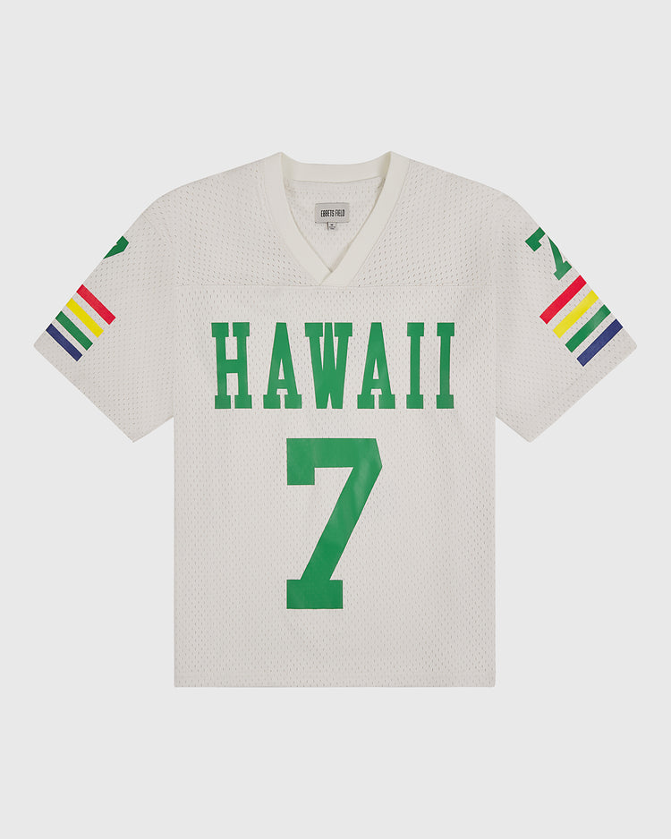 The Ebbets Field University of Hawaii Rainbow Warriors Mesh Football Jersey features white mesh, green 