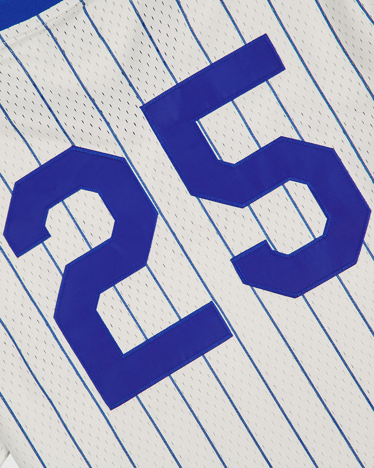 The Ebbets Field Brooklyn Royal Giants 1925 V-Neck Mesh Jersey showcases a white design with blue vertical pinstripes and bold blue number 25, echoing the timeless look of vintage Negro Leagues apparel.