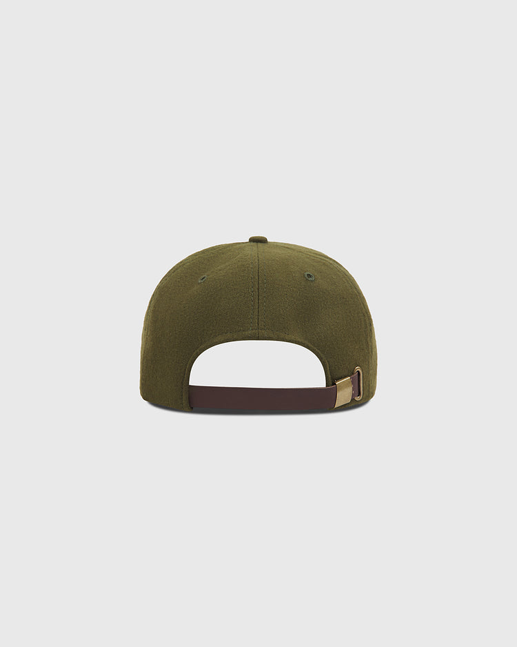 Back view of the Ebbets Field Homestead Grays 1945 Authentic Wool Ballcap in olive green, featuring a brown adjustable strap with a brass buckle, displayed on a plain white background.