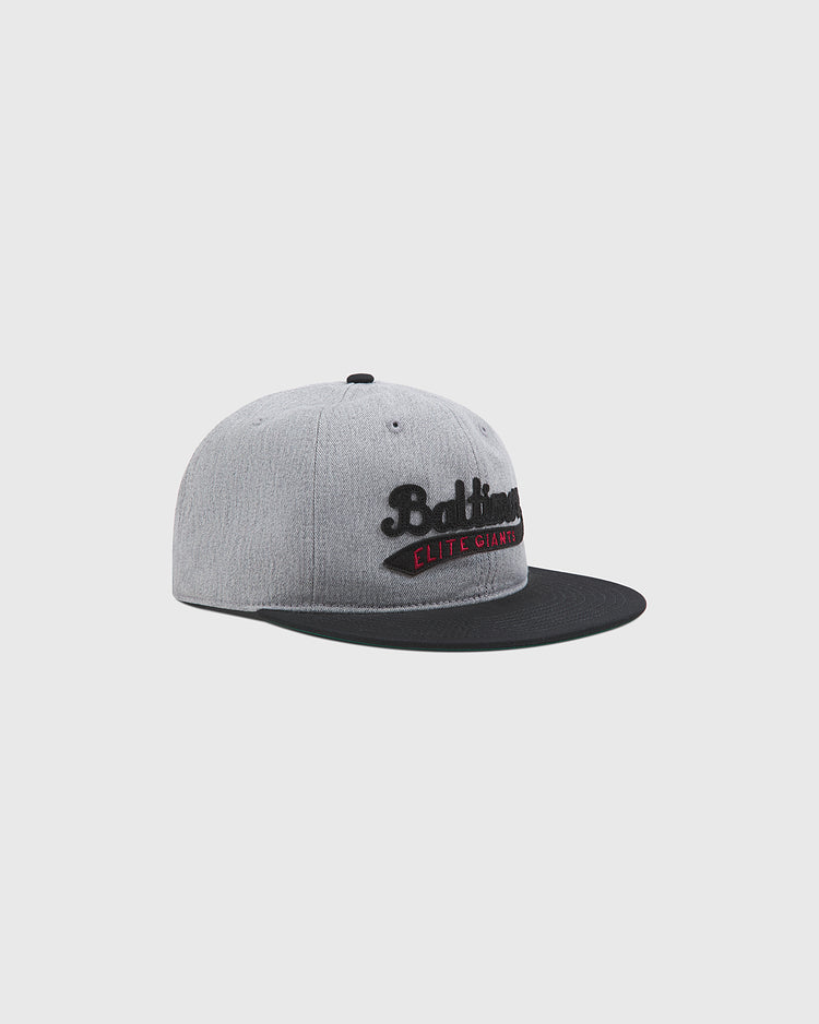 The Ebbets Field Baltimore Elite Giants 1949 Cotton Twill Ballcap, featuring a gray and black design with the team’s name embroidered on the front in tribute to this historic Negro League team, is displayed against a plain white background.