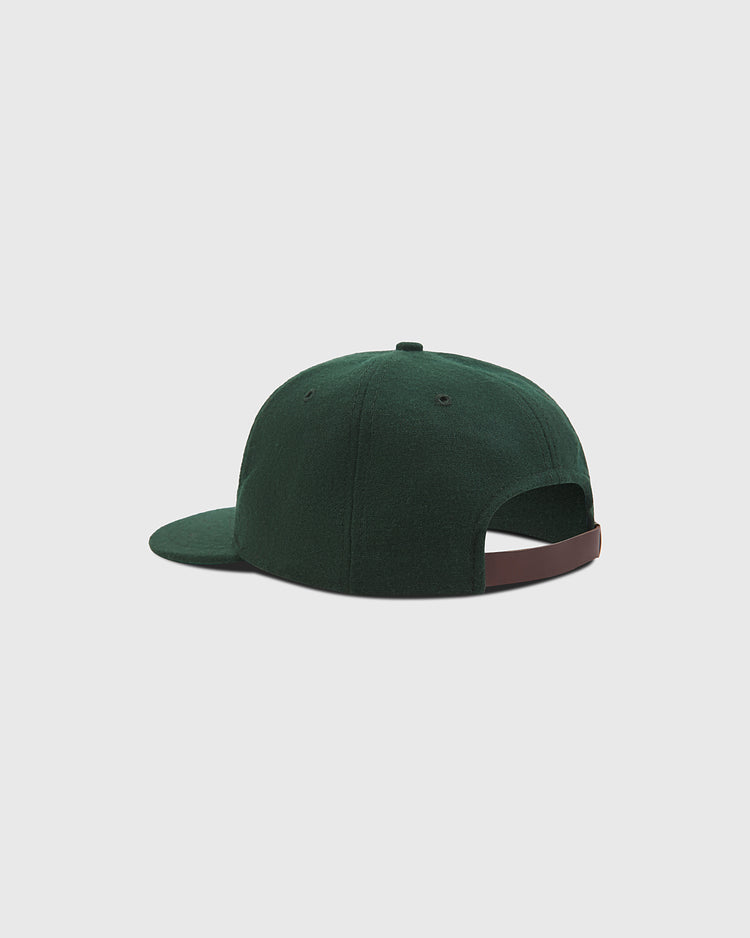 The NY Black Yankees Authentic Wool Ballcap by Ebbets Field is presented from the back, highlighting its brown adjustable strap. Crafted in a deep dark green wool, the cap features a classic curved brim and six-panel construction with visible stitching, all set against a plain light gray background. Inspired by the enduring style of Negro National League teams like the New York Black Yankees, this ballcap blends vintage character with contemporary craftsmanship.