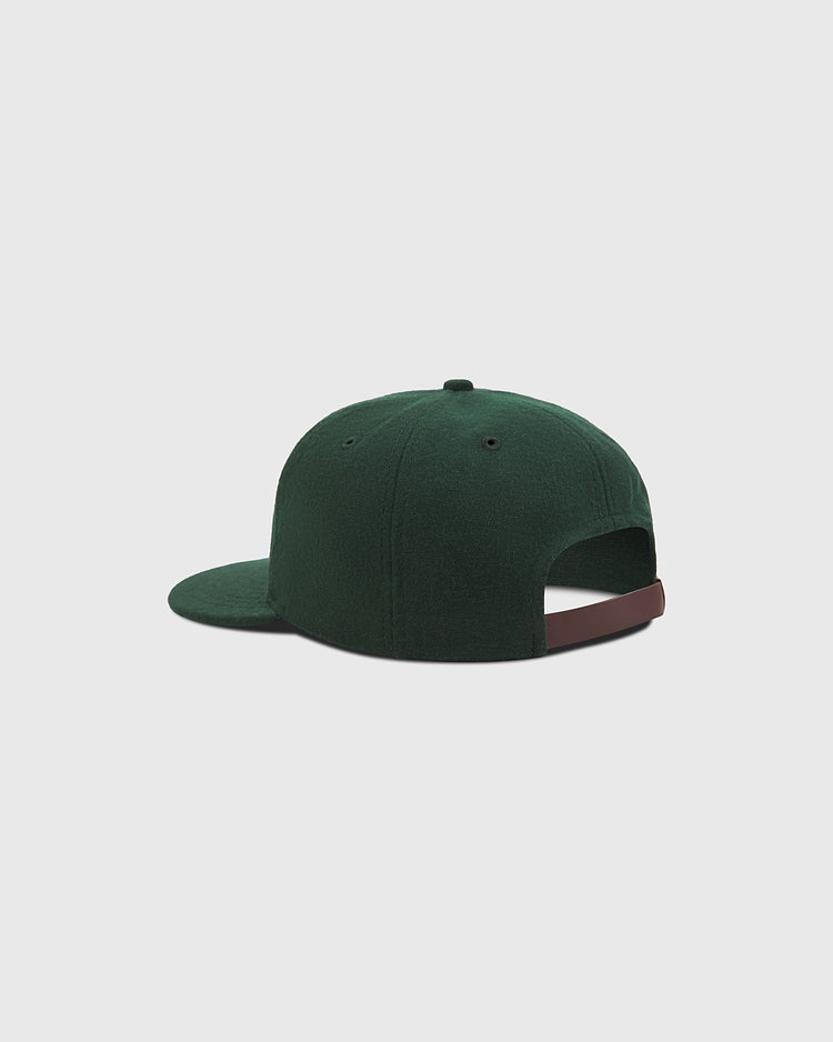 The Ebbets Field New York Cubans Authentic Wool Ballcap is shown from the back, displaying its dark green wool fabric, wide brim, and adjustable brown strap. The cap is set against a plain light gray background.