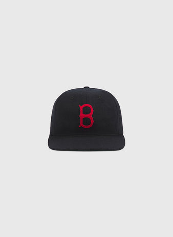 The Ebbets Field Baltimore Elite Giants 1949 Authentic Wool Ballcap, featuring a black design with a red embroidered “B” on the front, is displayed against a plain light gray background.