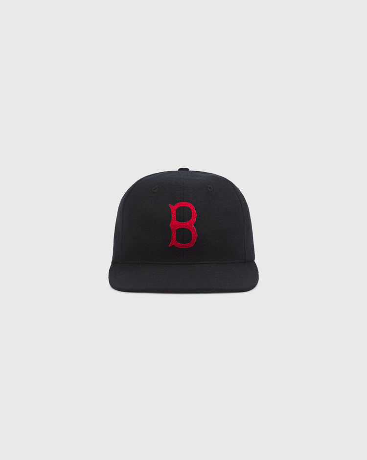 The Ebbets Field Baltimore Elite Giants 1949 Authentic Wool Ballcap, featuring a black design with a red embroidered “B” on the front, is displayed against a plain light gray background.
