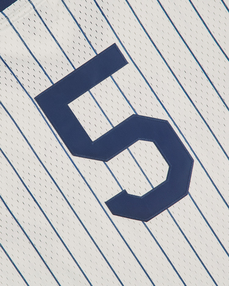 Ebbets Field NY Black Yankees V-Neck Mesh Jersey featuring a white vintage design with thin blue vertical pinstripes and a bold blue number 5, inspired by classic Negro National League jersey styles.