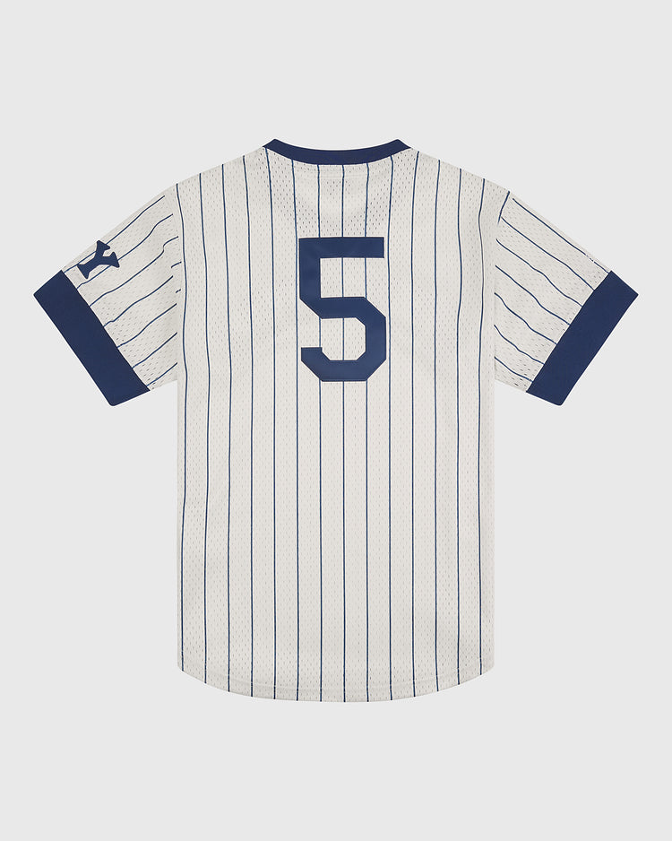 Introducing the Ebbets Field NY Black Yankees V-Neck Mesh Jersey—a white, vintage-inspired piece featuring classic navy blue pinstripes, navy cuffs, and a bold number 5 in large navy print on the back, reminiscent of the iconic jerseys worn by the NY Black Yankees of the Negro National League.