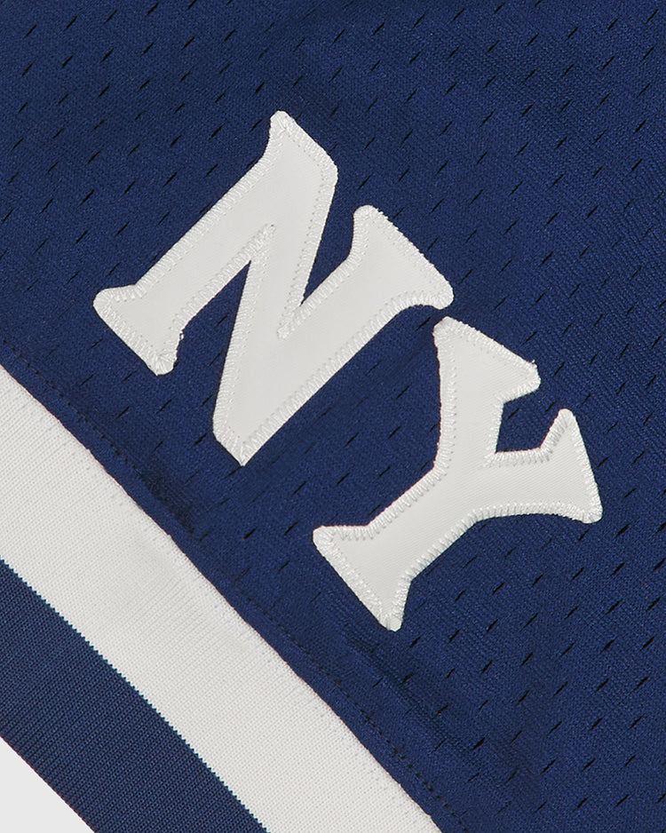 Close-up of the Ebbets Field NY Black Yankees V-Neck Mesh Jersey in dark blue mesh fabric, featuring white embroidered “NY” letters and a white horizontal stripe beneath, inspired by the authentic jerseys of the historic Negro National League team.