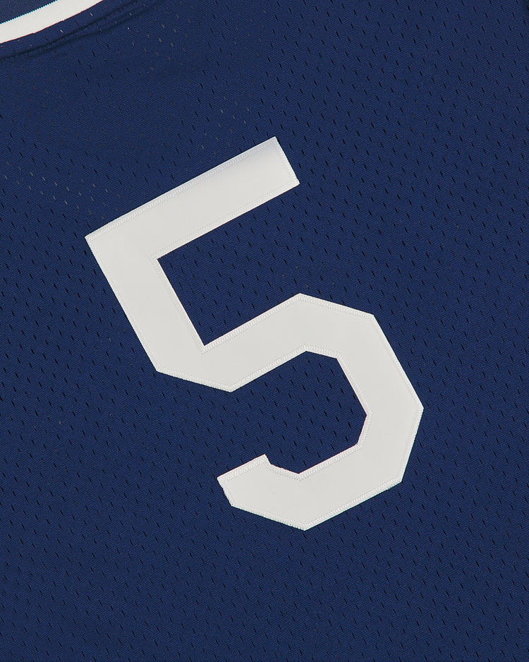 A close-up of the Ebbets Field NY Black Yankees V-Neck Mesh Jersey in blue, featuring a large white number 5, inspired by the classic Negro National League style.