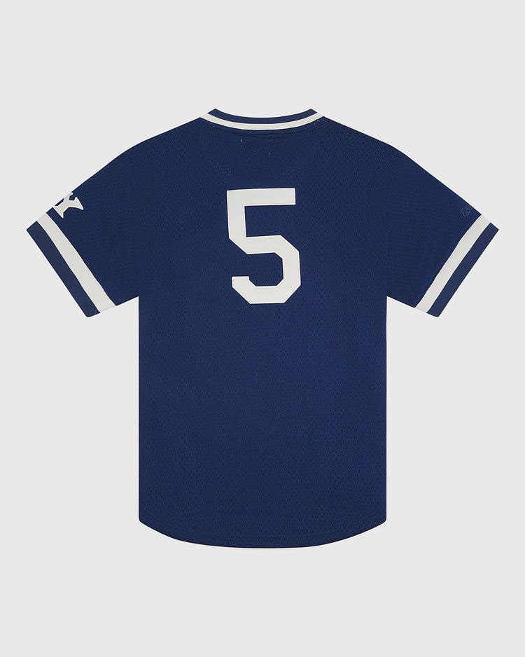 The Ebbets Field NY Black Yankees V-Neck Mesh Jersey is shown on a plain background, featuring a blue mesh design with white sleeve stripes and a bold white number 5 on the back, inspired by classic Negro National League jersey styles.