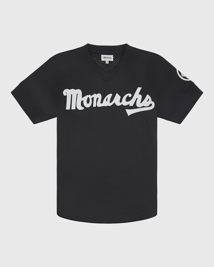 Kansas City Monarchs 1924 Road Jersey V-Neck Mesh in black featuring white script lettering across the chest and a circular team logo patch on the left sleeve.
