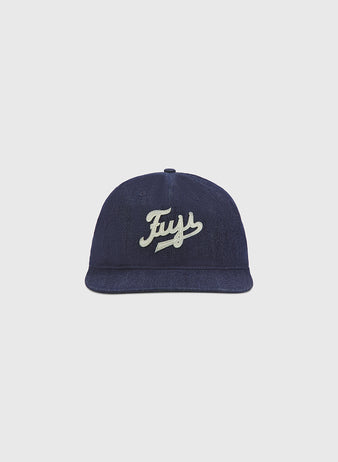 An Ebbets Field Fuji Athletic Club Indigo Cotton Denim Ballcap is shown against a plain light gray background, featuring 