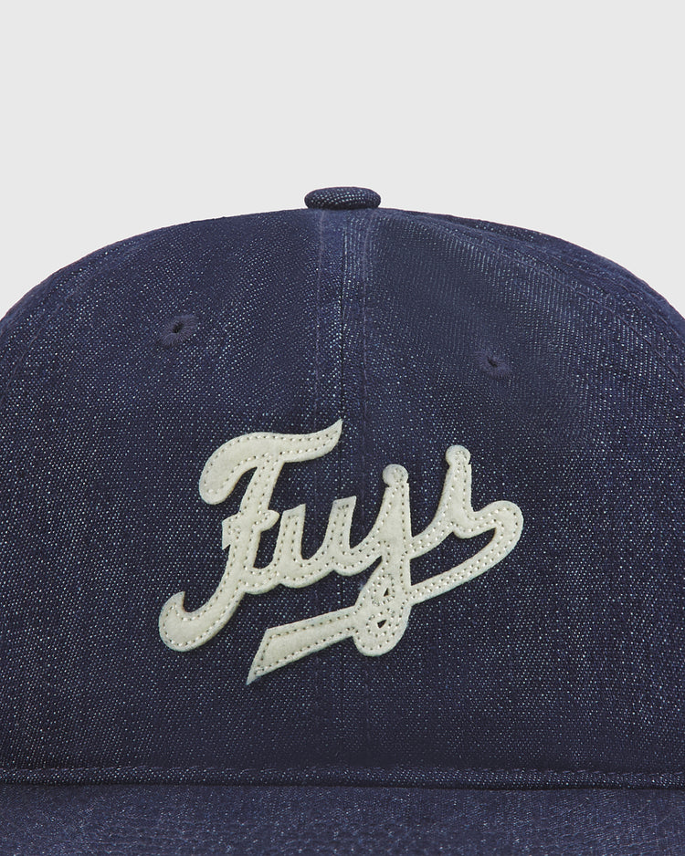 A close-up of the Fuji Athletic Club Indigo Cotton Denim Ballcap by Ebbets Field, showcasing 