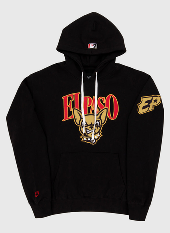 The El Paso Chihuahuas MiLB Cotton Hooded Sweatshirt by Ebbets Field features bold red and yellow 