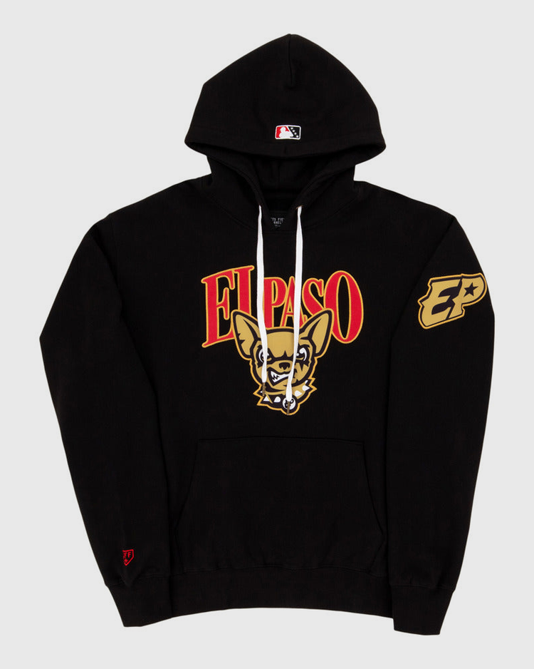 The El Paso Chihuahuas MiLB Cotton Hooded Sweatshirt by Ebbets Field features bold red and yellow 