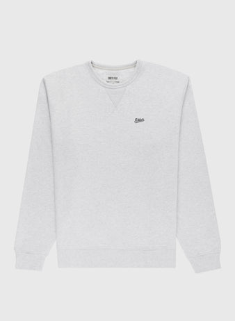 The Ebbets Chest Logo Heavyweight Cotton Terry Crewneck by Ebbets Field Flannels is a light grey oversized sweatshirt with long sleeves, ribbed cuffs and hem, and a small embroidered logo on the left chest. Set against a plain white background.