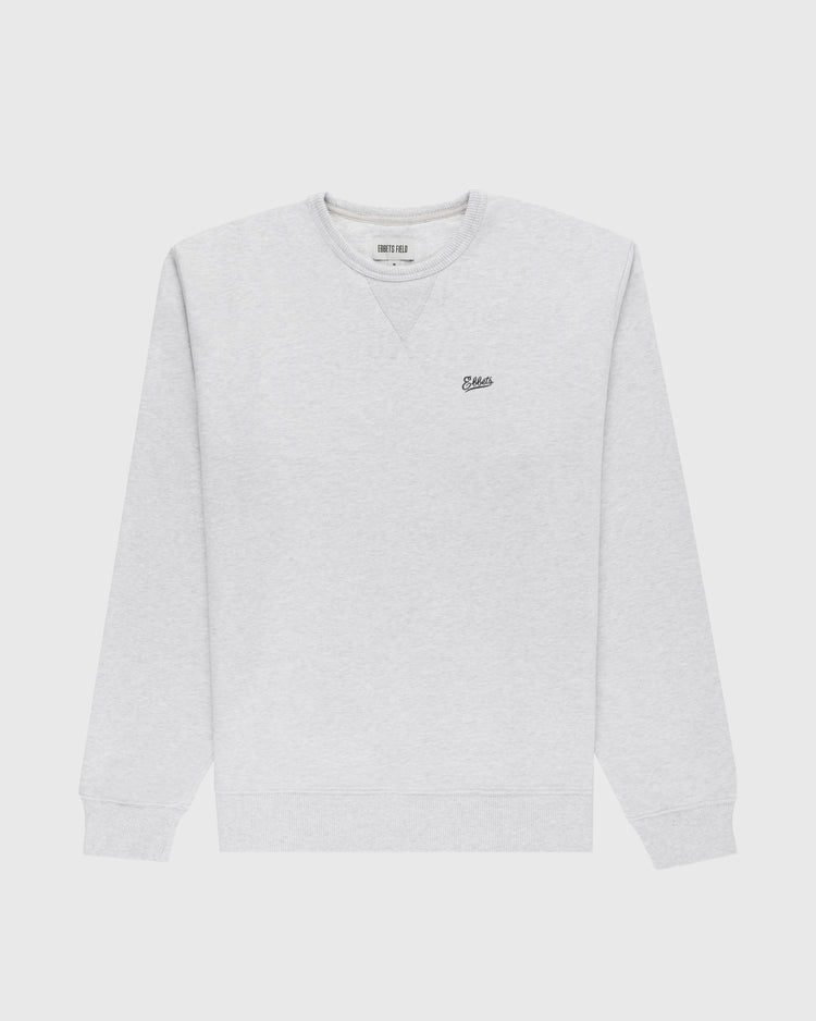 The Ebbets Chest Logo Heavyweight Cotton Terry Crewneck by Ebbets Field Flannels is a light grey oversized sweatshirt with long sleeves, ribbed cuffs and hem, and a small embroidered logo on the left chest. Set against a plain white background.