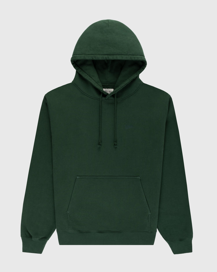 The Ebbets Field Flannels Ebbets Chest Logo Heavyweight Cotton Terry Pullover Hoodie is a plain dark green modern hoodie with a front pocket and drawstrings, shown on a light gray background.