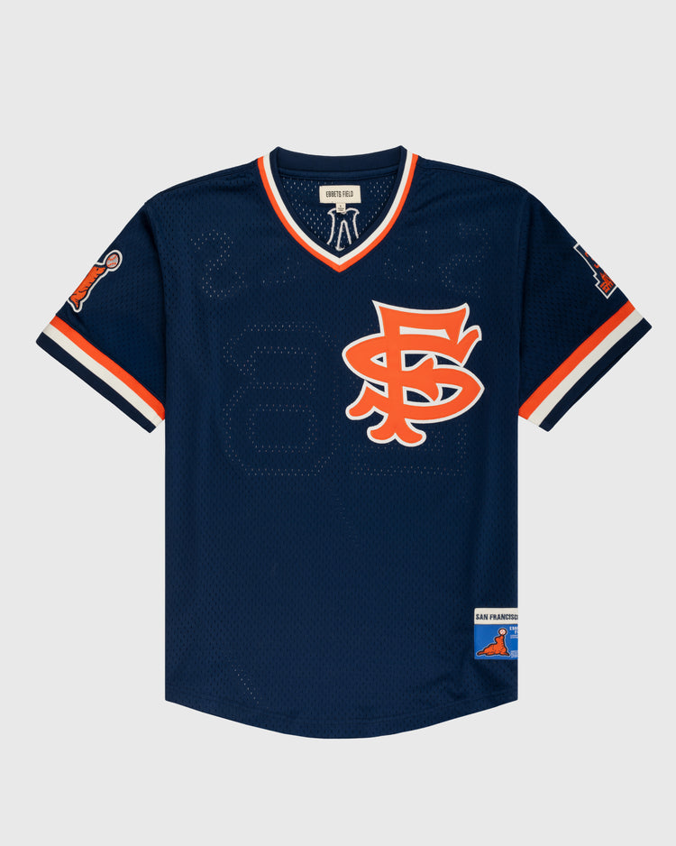 The EFF San Francisco Seals Mesh V-Neck Jersey is a navy blue vintage-inspired baseball top featuring orange and white accents, a large SF logo on the chest, sleeve patches, and breathable polyester mesh with short sleeves.