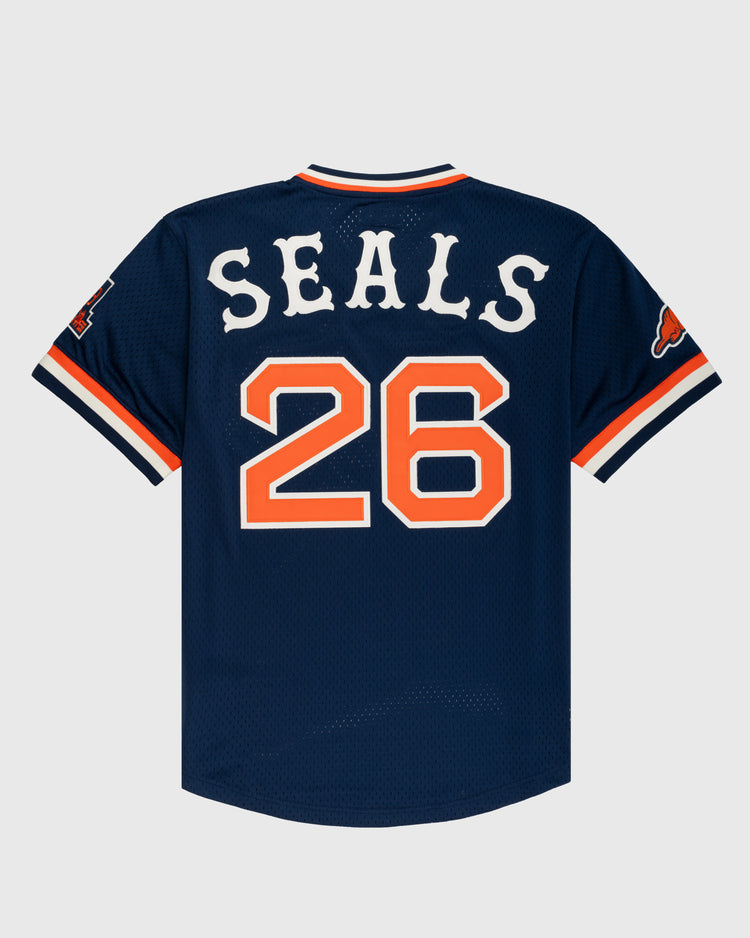 The EFF San Francisco Seals Mesh V-Neck Jersey features navy blue polyester mesh, SEALS in white, number 26 in orange with a white outline on the back, and red, white, and orange sleeve stripes.