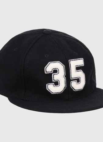 The Frank Thomas Signature Series Ballcap by Ebbets Field Flannels is a black vintage wool cap with a bold white 35 on the front—ideal for National Baseball Hall of Fame fans.