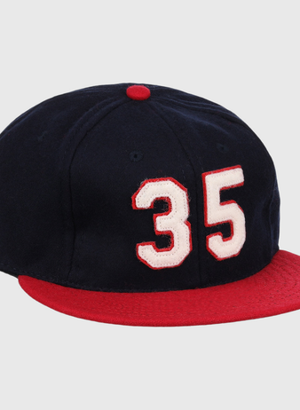The Ebbets Field Flannels Frank Thomas Signature Series Ballcap – Navy features vintage wool, a red brim and button, and white “35” with red trim on the front, honoring Chicago White Sox legend Frank Thomas.