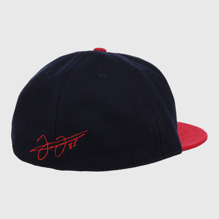 The Frank Thomas Signature Series Ballcap - Navy by Ebbets Field Flannels features a navy wool body, red brim and button, with a red embroidered signature and number 35—ideal for Chicago White Sox and Frank Thomas fans.
