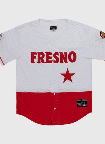 The Ebbets Field Fresno Grizzlies MiLB Button Down Jersey features white and red colors, 