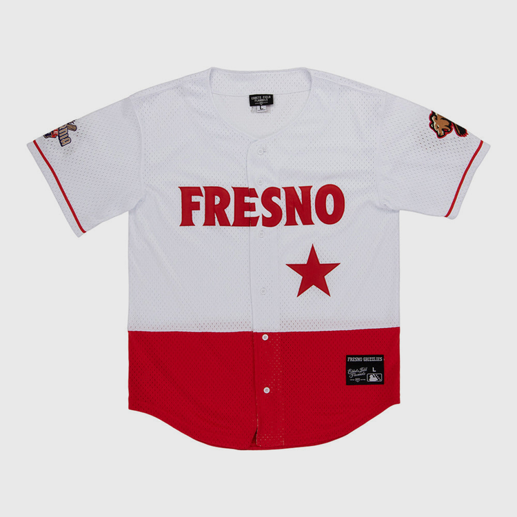 The Ebbets Field Fresno Grizzlies MiLB Button Down Jersey features white and red colors, 