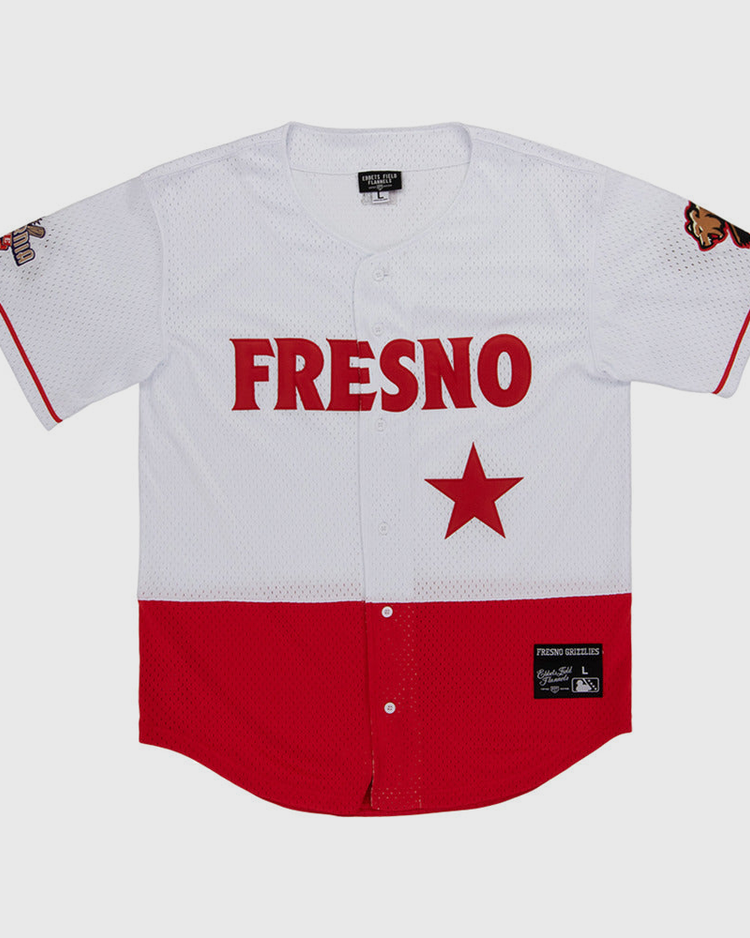 The Ebbets Field Fresno Grizzlies MiLB Button Down Jersey features white and red colors, 
