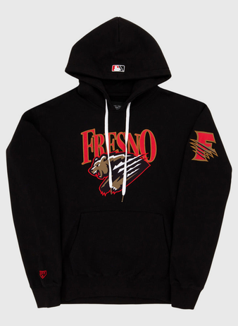The Ebbets Field Fresno Grizzlies MiLB Cotton Hooded Sweatshirt features “Fresno” in red and gold, a bear mascot and claw marks on the chest, plus a stylized F logo in matching colors on the left sleeve.