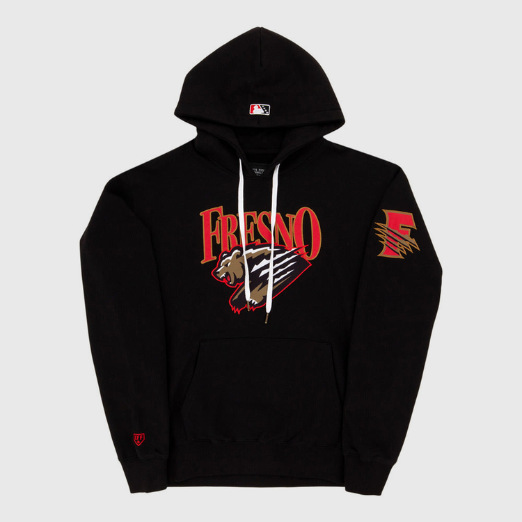The Ebbets Field Fresno Grizzlies MiLB Cotton Hooded Sweatshirt features “Fresno” in red and gold, a bear mascot and claw marks on the chest, plus a stylized F logo in matching colors on the left sleeve.