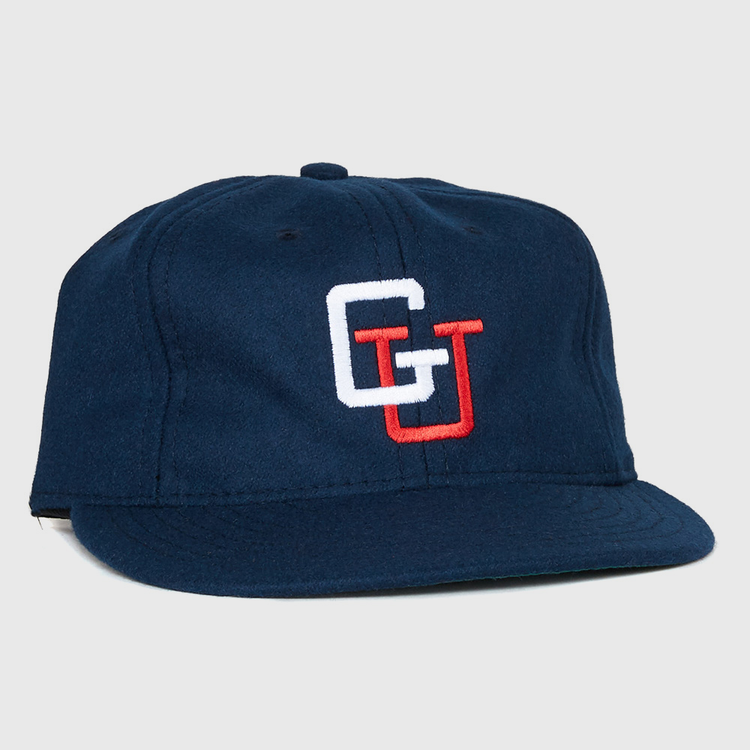 The EFF Gonzaga University 1971 Vintage Ballcap features navy blue fabric and overlapping white and red embroidered G and U letters, offering an authentic throwback to classic school spirit.