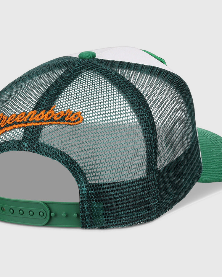 The Ebbets Field Greensboro Grasshoppers MiLB Trucker Ballcap is a green and white mesh snapback hat with 