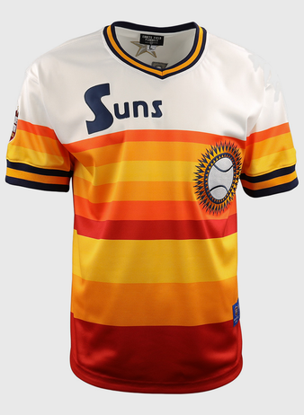 The EFF Harlingen Suns EFF Lone Star Baseball Jersey features a retro style with horizontal yellow, orange, and red stripes, a white top section, Suns text on the chest, and a sunburst baseball logo.