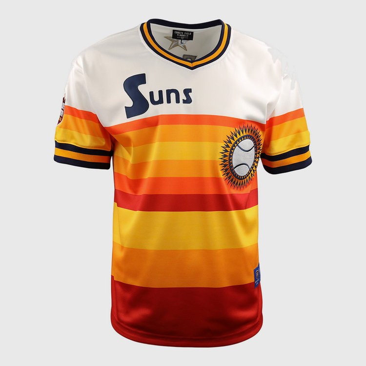 The EFF Harlingen Suns EFF Lone Star Baseball Jersey features a retro style with horizontal yellow, orange, and red stripes, a white top section, Suns text on the chest, and a sunburst baseball logo.