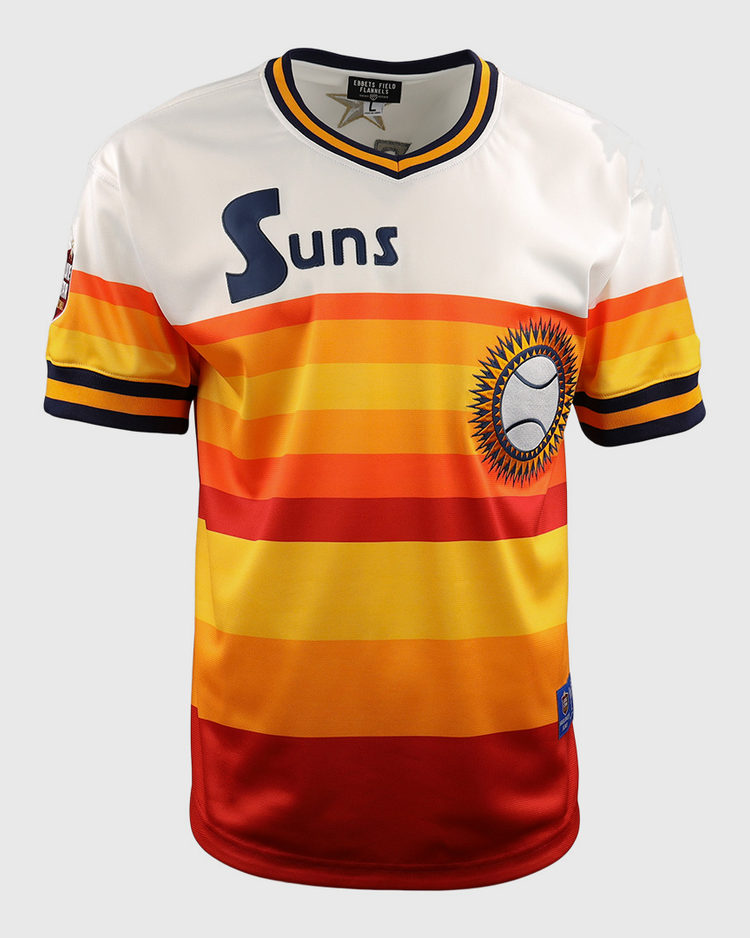The EFF Harlingen Suns EFF Lone Star Baseball Jersey features a retro style with horizontal yellow, orange, and red stripes, a white top section, Suns text on the chest, and a sunburst baseball logo.