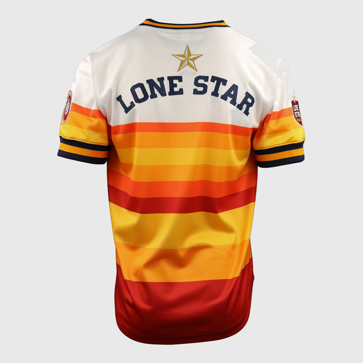 The EFF Harlingen Suns EFF Lone Star Baseball Jersey features a back view with “LONE STAR” and a gold star, bold stripes in white, yellow, orange, and red, plus navy and yellow sleeve trim inspired by Texas baseball.