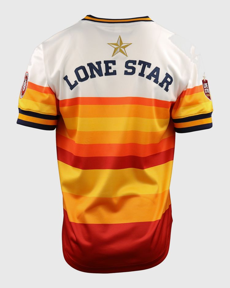 The EFF Harlingen Suns EFF Lone Star Baseball Jersey features a back view with “LONE STAR” and a gold star, bold stripes in white, yellow, orange, and red, plus navy and yellow sleeve trim inspired by Texas baseball.
